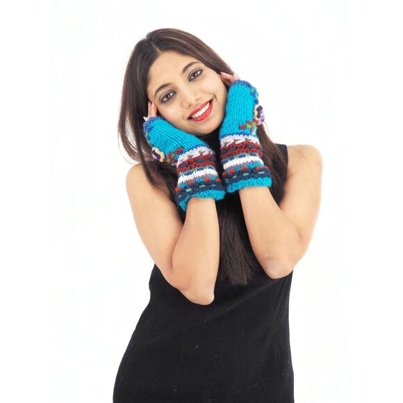 Handmade crochet hand knitted blue floral 100% wool fleece fingerless gloves - Picture 4 of 11